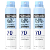 Neutrogena Ultra Sheer Body Mist Sunscreen Spray, Broad Spectrum SPF 70, Lightweight Spray Sunscreen, Non-Greasy & Water Resistant, Oil-Free & Non-Comedogenic UVA/UVB, 5 oz, Pack of 3