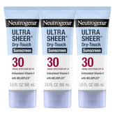 Neutrogena Ultra Sheer Dry-Touch Sunscreen for Face & Body, Helioplex SPF 30 Broad Spectrum UVA/UVB, Lightweight, Water Resistant & Non-Greasy, Hawaii Act 104 compliant, Travel Size 3 fl oz, Pack of 3