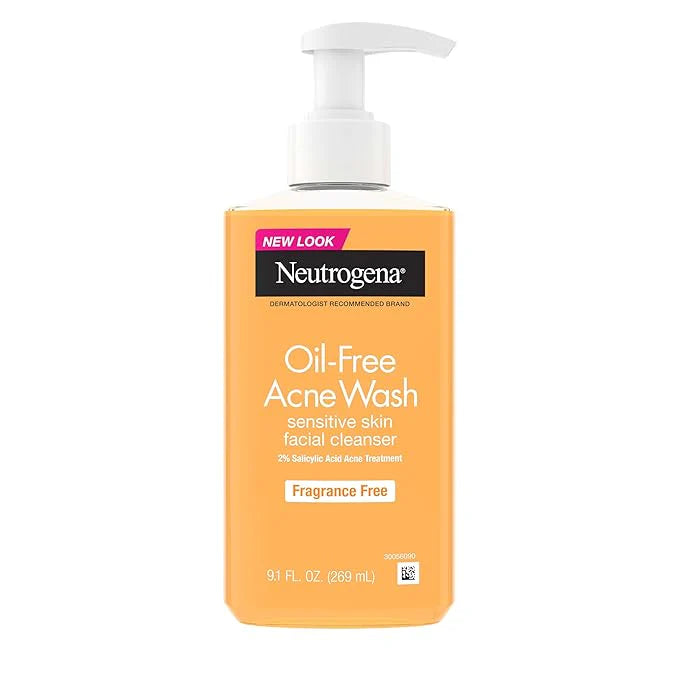 Neutrogena Oil-Free Acne Face Wash, Fragrance Free, Sensitive Skin Facial Cleanser with 2% Salicylic Acid Acne Treatment for Face, 9.1 Fl Oz
